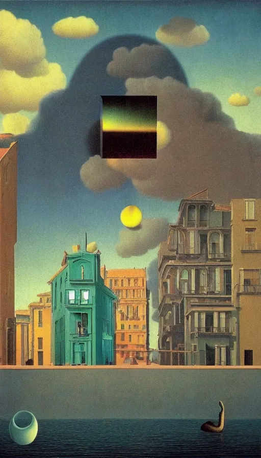 Prompt: mysterious paranoia, maddening knowledge, forbidden information, strange weirdness, rainbow 3 d colors, venetian victorian atmosphere by rene magritte and salvadore dali