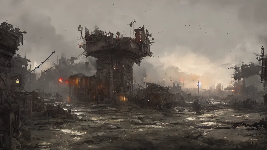 Image similar to view of siege camp, high quality, watercolored, jakub rozalski, dark colours, dieselpunk, artstation