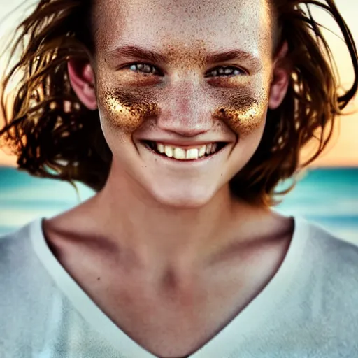 Image similar to A cute young woman, long shiny bronze brown hair, green eyes, cute freckles, smug smile, golden hour, beach setting medium shot, mid-shot, photography by Erwin Olaf