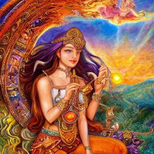 Image similar to a goddess riding a ram while checking her cell phone, by josephine wall, senior concept artist, fantasy art for the zodiac sign aries, erupting volcano and sunrise in distance in background, acrylic on canvas, intricately detailed, high resolution trending on artstation