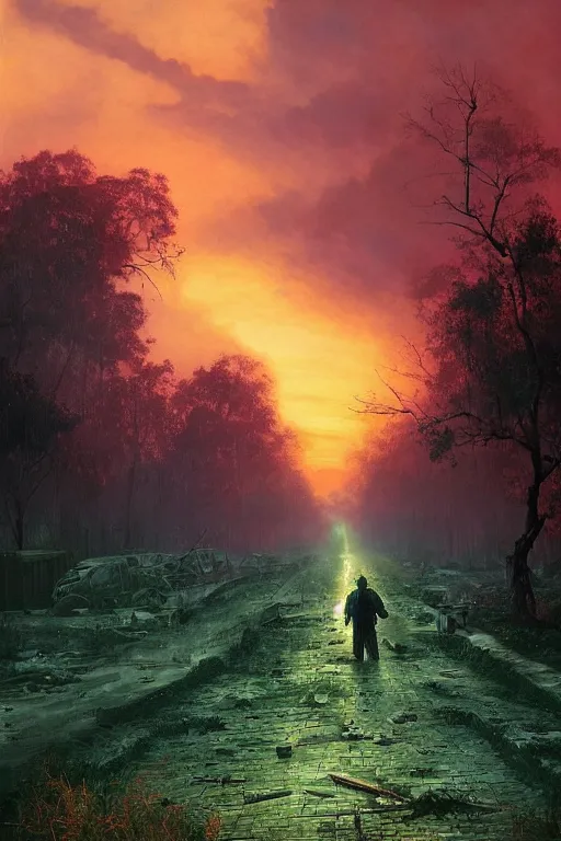 Image similar to ominous figure in the street of a destroyed city, fiery green pastoral marshy landscape, trees, hills, thick heavy fog, sunset, golden hour, blue hour, colorful magenta and green dramatic cloud filled sky, by gerald brom, greg rutkowski, photo realism, unreal engine