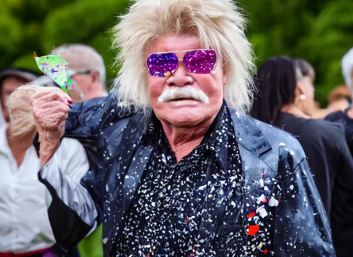 Image similar to photo still of rip taylor at a funeral service outside!!!!!!!! at age 5 4 years old 5 4 years of age!!!!!!! throwing confetti from a bucket, 8 k, 8 5 mm f 1. 8, studio lighting, rim light, right side key light