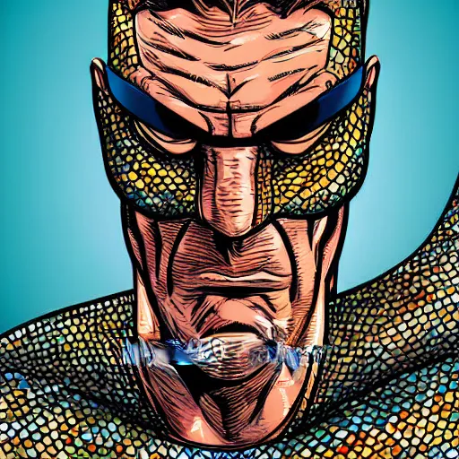 Prompt: man with scales all over his face superhero full body hyperdetailed realistic comic book illustration
