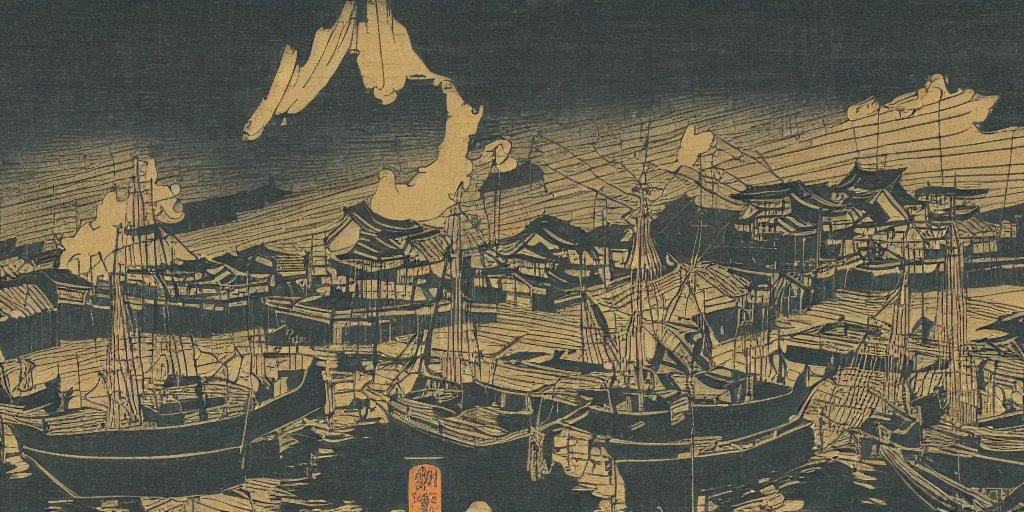 Image similar to woodblock print of a japanese harbor at midnight, beautiful lighting, deep colors, extremely intricate, hyper detailed, hd, edo period masterpiece