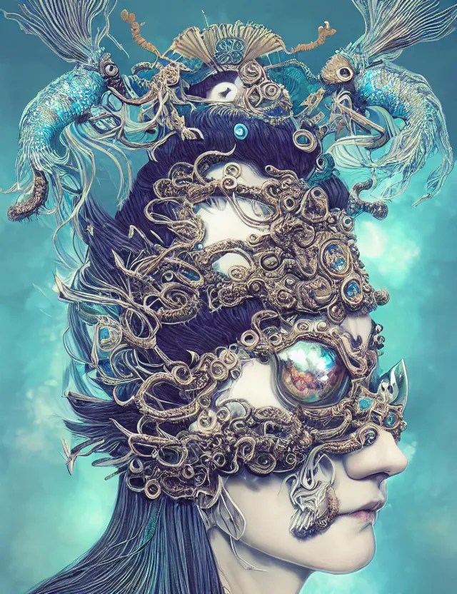 Image similar to goddess macro close - up portrait wigh crown made of ram skull. beautiful intricately detailed japanese crow kitsune mask and clasical japanese kimono. betta fish, jellyfish phoenix, bioluminiscent, plasma, ice, water, wind, creature, super intricate ornaments artwork by tooth wu and wlop and beeple and greg rutkowski