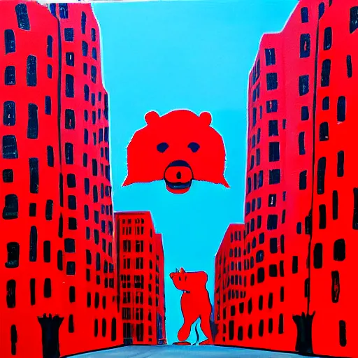 Image similar to large red bear on a street in new york city in the style of yves tanguy