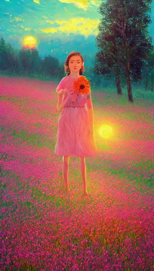 Image similar to girl with giant flower as a face and flower dress, standing in a flower field hills, big trees, sunrise dramatic light, impressionist painting, colorful clouds, digital painting, pointillism, artstation, simon stalenhag