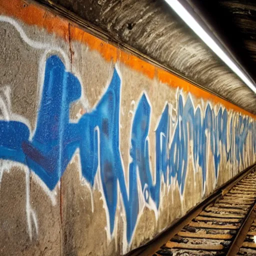 Prompt: Painted graffiti on abandoned subway tunnel. Old, worn sign for something. Lots of detail.