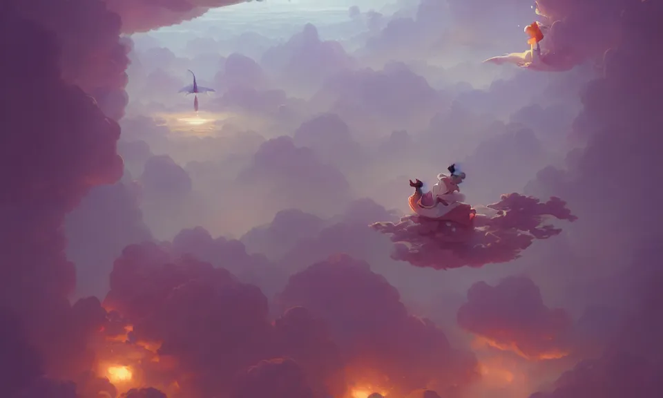 Image similar to happiness and friendship, floating high in the clouds, by peter mohrbacher, victo ngai, greg rutkowski, artgerm, volumetric lighting, intricate, environmental lighting, 4 k