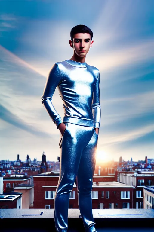 Image similar to un ultra high definition studio quality photographic art portrait of a young man standing on the rooftop of a british apartment building wearing soft padded silver pearlescent clothing. three point light. extremely detailed. golden ratio, ray tracing, volumetric light, shallow depth of field. set dressed.