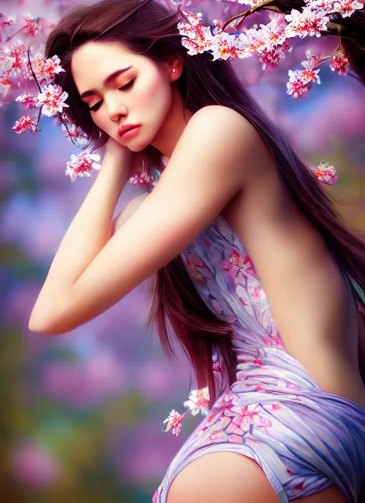 Image similar to photo of a gorgeous female in the style of stefan kostic, realistic, half body shot, sharp focus, 8 k high definition, insanely detailed, intricate, elegant, art by stanley lau and artgerm, extreme blur cherry blossoms background