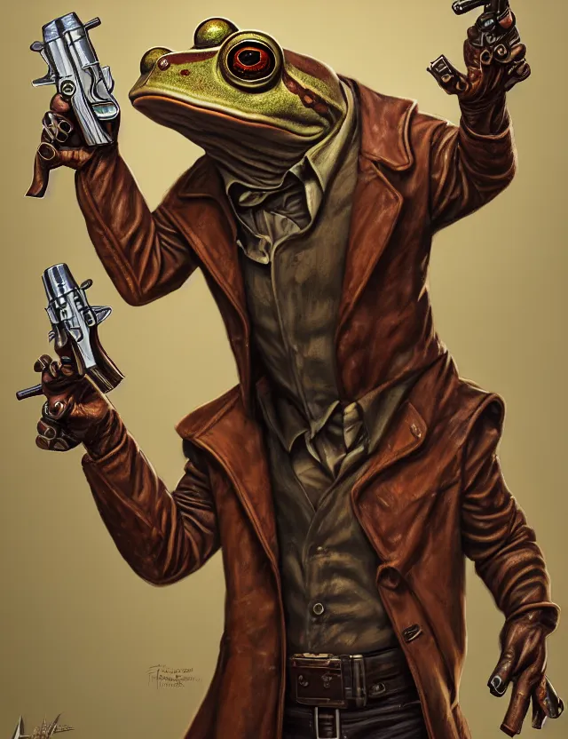 Image similar to anthropomorphic bipedal frog that is wearing a brown leather trenchcoat, and dual wielding revolver pistols, as a matte oil painting and d & d character art, by alex grey, retrofuturistic, science fantasy, standing, fullbody, concept art, award - winning, extremely detailed, sharp focus