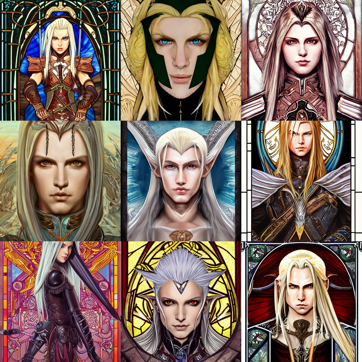 Prompt: head-on symmetrical centered painted portrait, Sephiroth as elf ranger, blonde hair, leather armour, art nouveau, tarot card style, stained glass, fantasy, intricate, elegant, highly detailed, smooth, sharp focus, illustration, artstation, in the style of Artgerm and Anna Podedworna and Alex Ross and Mucha