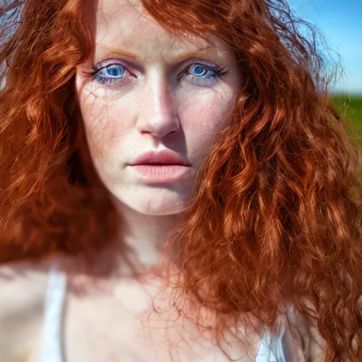 Image similar to close up portrait photograph of a ginger woman with polish descent, with deep blue eyes. Wavy long hair. she looks directly at the camera. Slightly open mouth, with a park visible in the background. 55mm nikon. Intricate. Very detailed 8k texture. Sharp. Cinematic post-processing. Award winning portrait photography. Sharp eyes.