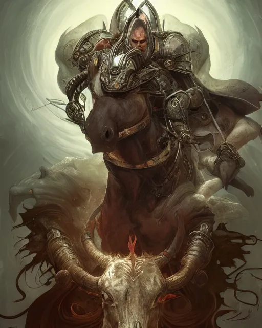 Image similar to Horse barbarian, minotaur, bull, centered, portrait, symmetrical, Path of Exile, Diablo, Warhammer, digital painting, highly detailed, concept art, Nekro, Peter Mohrbacher, Alphonse Mucha, Brian Froud, Yoshitaka Amano, Kim Keever, Victo Ngai, James Jean