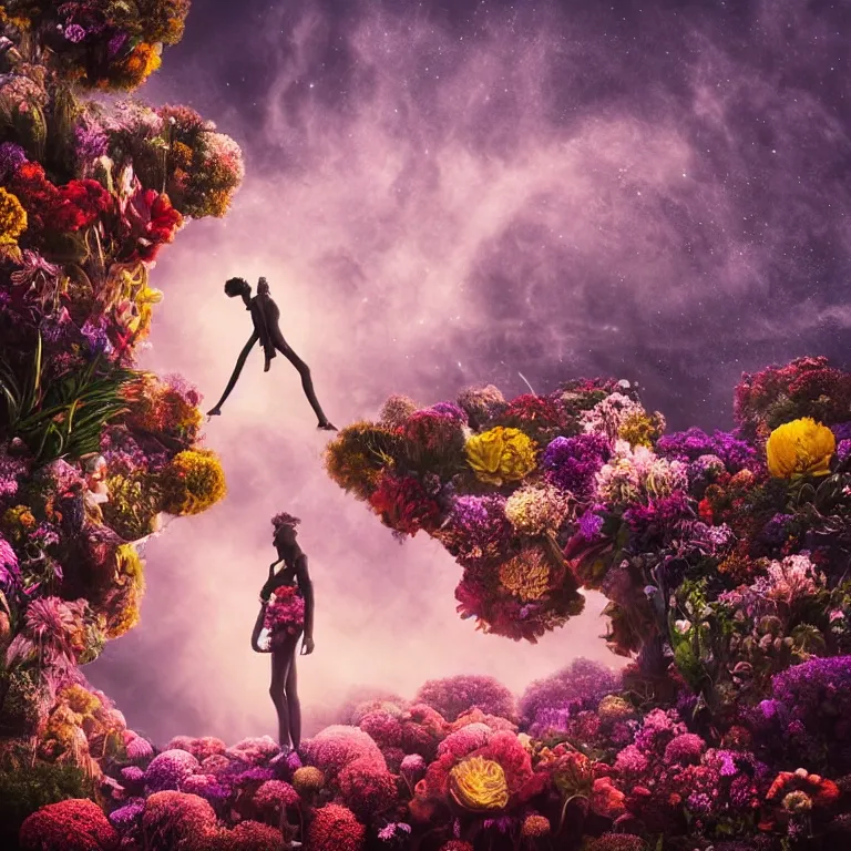 Image similar to a planet of various flowers, fungus and plants, in which the singular human figure is dressed in something magical and impressive, inside the picture is infinity, sunset light, Atmospheric phenomenon, artistic photography, muted colors, conceptual, long exposure outside the city, volumetric light