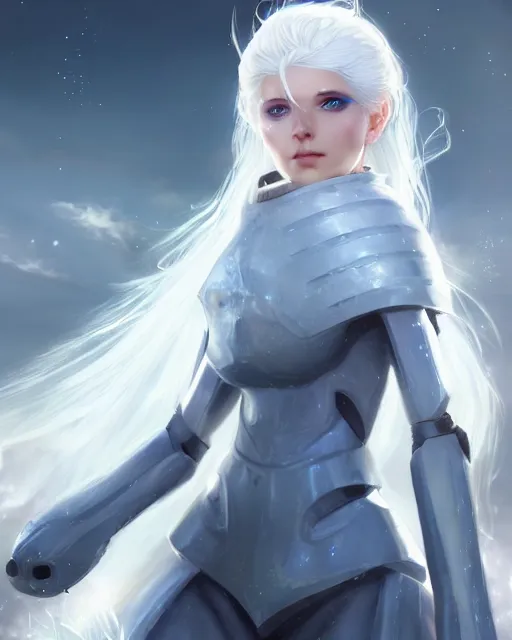 Image similar to perfect white haired girl, ethereal armor, beautiful, pretty face, blue eyes, detailed, windy weather, scifi, platform, laboratory, experiment, 4 k, ultra realistic, epic lighting, high detail, masterpiece, by akihito tsukushi, charlie bowater, ross tran