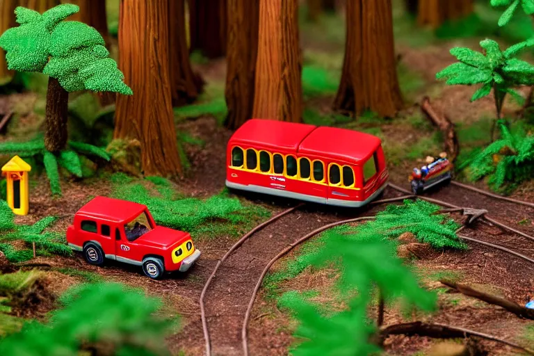 Image similar to fisher price redwood forest, california scene from tv show hyper detailed 5 5 mm 8 5 mm, toy photography