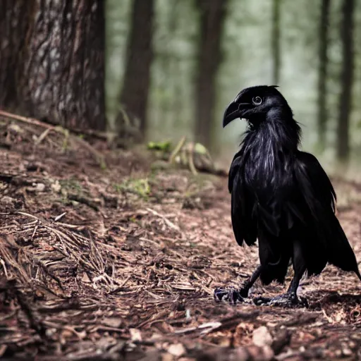 Prompt: werecreature consisting of a human and crow, photograph captured in a forest