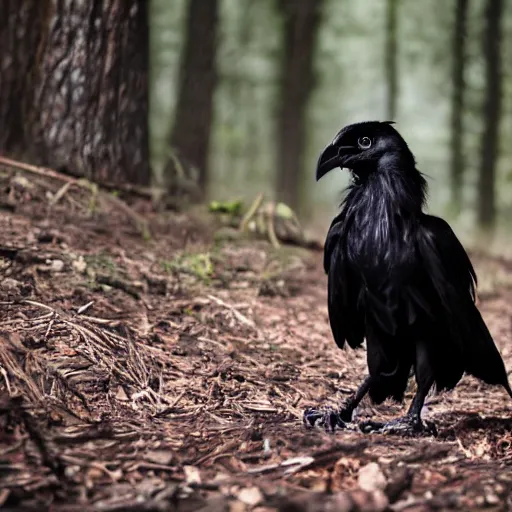 Image similar to werecreature consisting of a human and crow, photograph captured in a forest