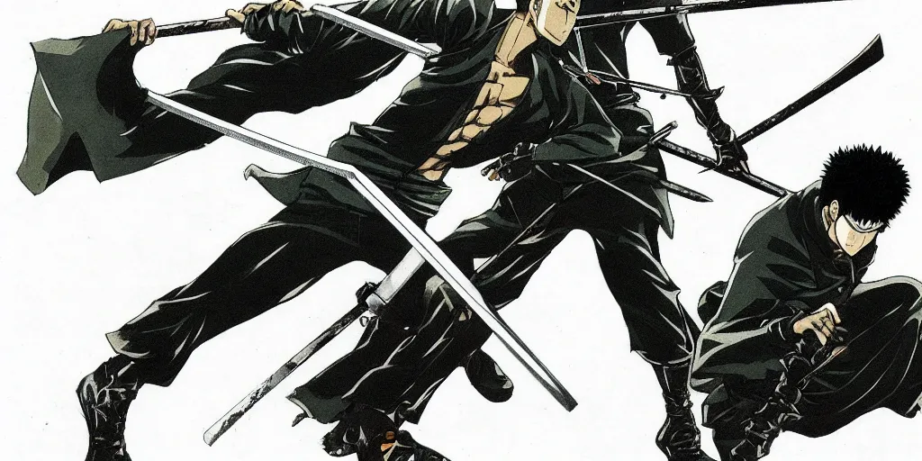 Prompt: roronoa zoro wielding 3 swords