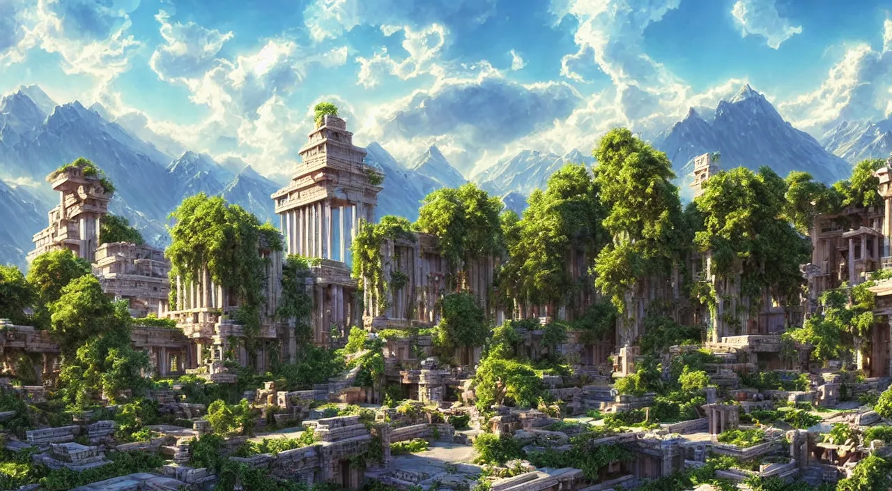 Image similar to retrofutristic city under kashmir mountains, hill valley grec greeble temple of olympus glory island little wood bridge painting of tower ivy plant in marble late afternoon light, wispy clouds in a blue sky, by frank lloyd wright and greg rutkowski and ruan jia