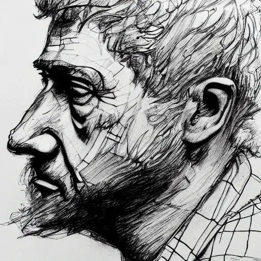 Prompt: a realistic yet scraggly portrait sketch of the side profile of a stern and sophisticated boomhauer, trending on artstation, intricate details, in the style of frank auerbach, in the style of sergio aragones, in the style of martin ansin, in the style of david aja, in the style of mattias adolfsson