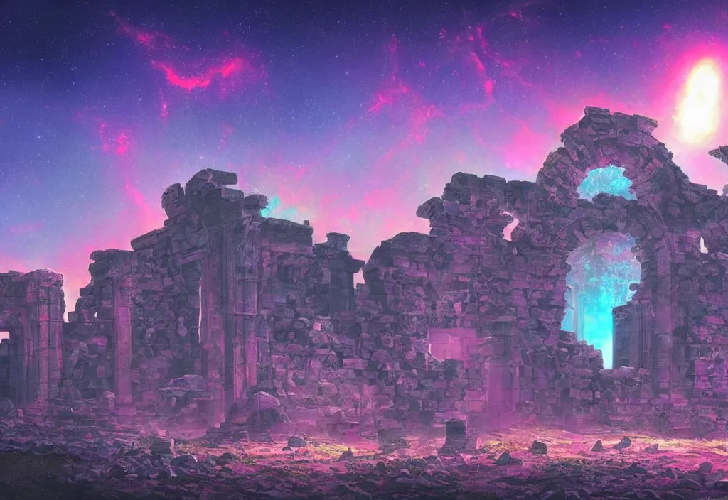 Prompt: ancient ruins in the universe, epic retrowave art, trending on art station