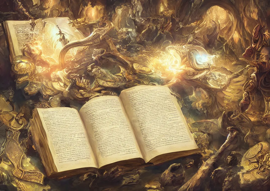 Image similar to a painting of a magical book laying open on a desk, fantasy concept art, golden hour, cinematic lighting, highly detailed