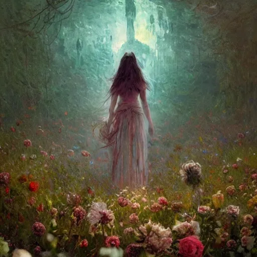 Image similar to a gigantic beautiful terrifying monster made of flowers looms over a tiny human. ethereal horror fantasy art by greg rutkowski and magali villanueve and monet