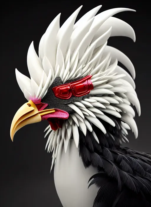 Image similar to hyper detailed ultra sharp portrait of a beautiful fashionable porcelain ivory cyberpunk scifi rooster, well contoured smooth colorful feathers, up close shot, sharp focus, global illumination, radiant light, black haute couture, alexandre ferra, irakli nadar, octane render, 4 k, ultra hd,