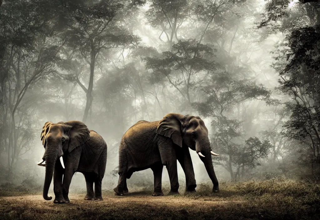 Image similar to an enormous elephant king, his trunk is a huge tentacle, in a jungle with ominous light from above, ambient light, fog, river, symmetrical, poetic