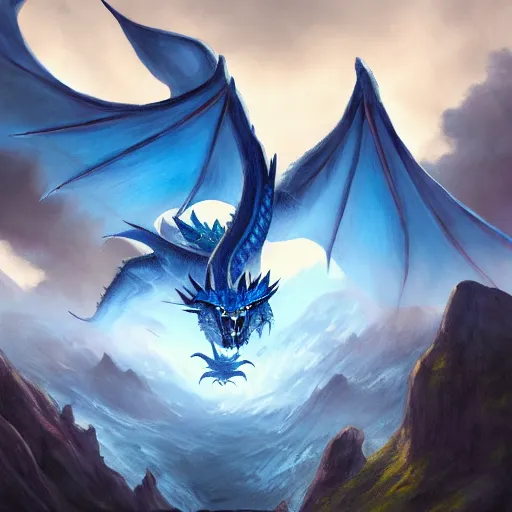 Image similar to huge blue dragon in flight by plutus su and chris scalf and lucas graciano and billy christian and alex konstad and mark zug, mountains, blue and white color palette, painting, d & d, fantasy, detailed, realistic, complimentary colors, light, artstation, cinematic, dramatic lighting, close up