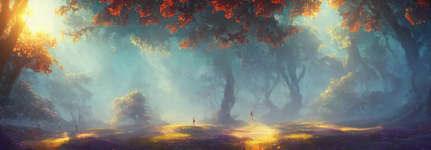 Image similar to A realm of whispers and mysteries, intricate, elegant, fantasy, highly detailed, digital painting, concept art, sharp focus, illustration, beautiful volumetric lighting, epic light, artstation, magic hour lighting, colorful, sunshine, springtime, by Sylvain Sarrailh