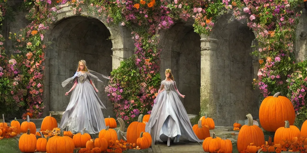 Prompt: fairytale princess entering the gates of her majestic palace of flowers with horse driven carriage made of pumpkins epic scene unreal render hyperrealistic detail Star Wars