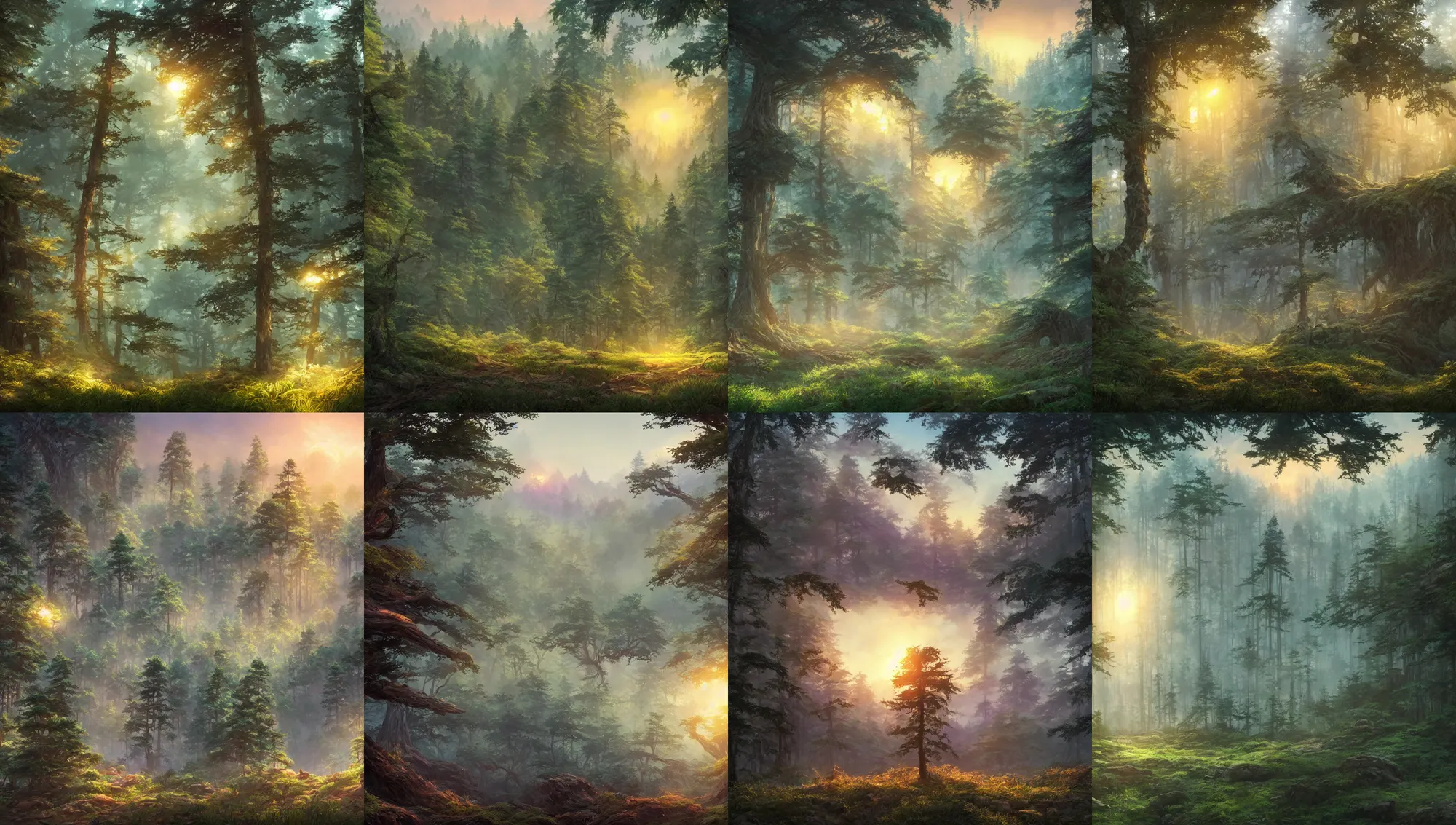 Image similar to forest clearing landscape, sunset, studio ghibli, pixar and disney animation, sharp, rendered in unreal engine 5, highly detailed, digital painting, artstation, concept art, smooth, sharp focus, illustration, wide angle, artbook, wallpaper, splash art, promo art, dramatic lighting, art by artgerm and greg rutkowski and bo chen and jin xiaodi