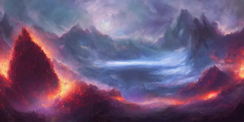 Image similar to magical explosion in a valley, fantasy, oil painting, concept art, 8 k