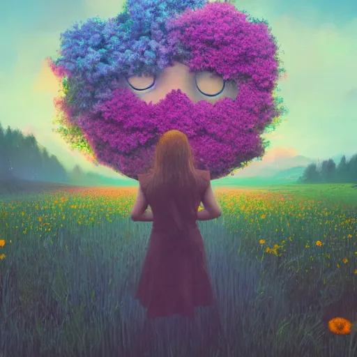 Image similar to girl with a gargantuan flower as a face, surreal photography, dream, standing in flower field, hills, big trees, sunrise dramatic light, impressionist painting, colorful clouds, digital painting, pointillism, artstation, simon stalenhag, flower face