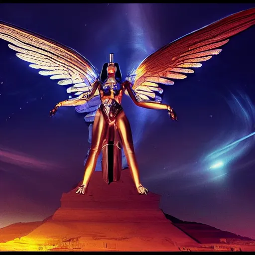 Prompt: a beautiful intricate epic futuristic epic scene of the cyber sphinx of giza, cinematic lighting