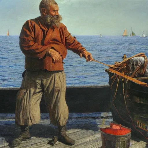 Prompt: painting of sailor hobo hyperrealism vasily vereshchagin at harbor boat fish