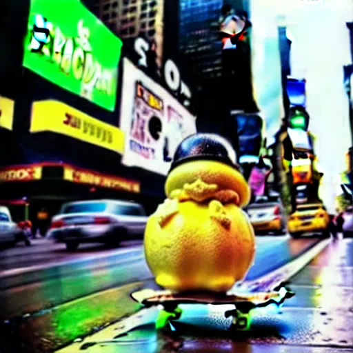 Image similar to a cool lemon riding a skateboard in times square new york