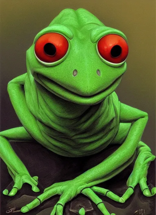 Image similar to portrait of kermit the frog in existenz ( 1 9 9 9 ), highly detailed, centered, solid color background, digital painting, artstation, concept art, smooth, sharp focus, illustration, artgerm, donato giancola, joseph christian leyendecker, les edwards, ed repka, wlop, artgerm