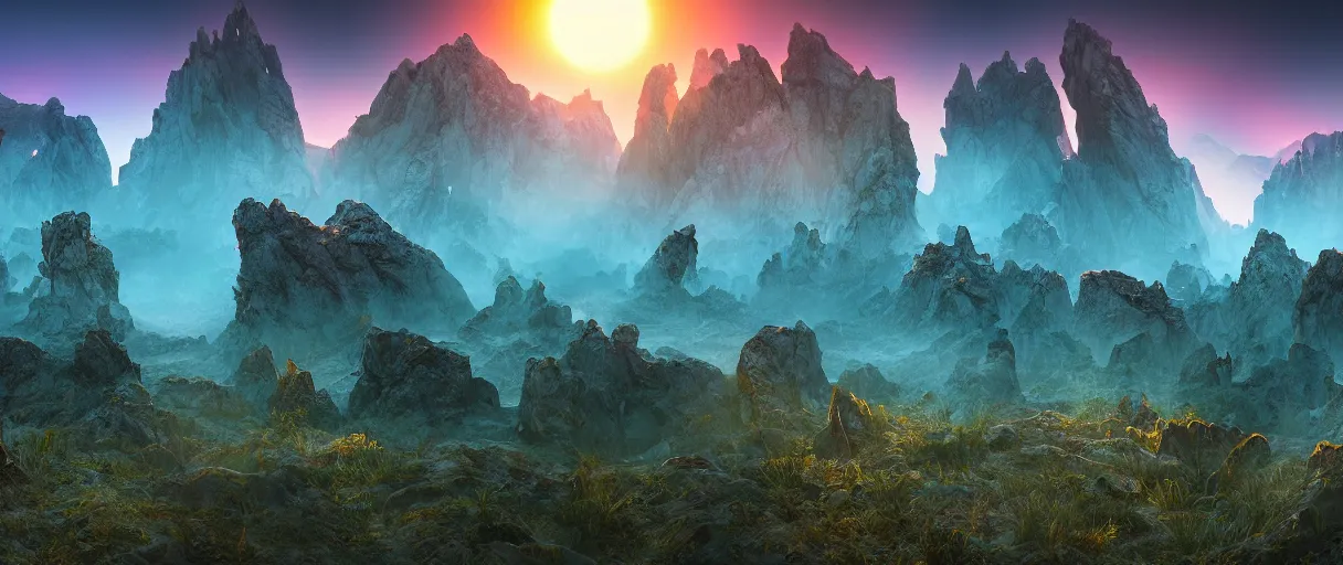 Image similar to alien landscape, epic mountains, chrome, neon, cobalt, sunset, misty, strange plants, 4 k, photoshop, photorealistic