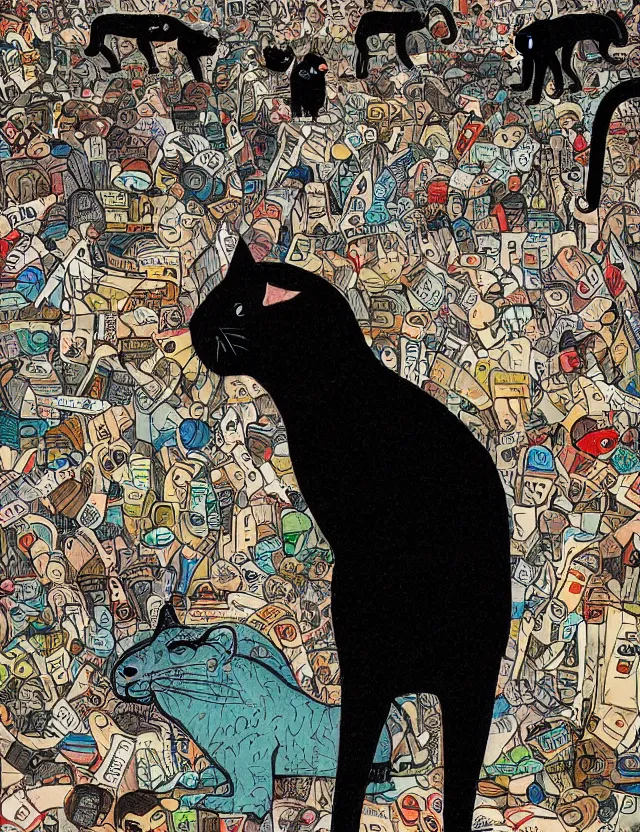 Image similar to realistic portrait of a stoned black cat jumpig at a lion lost in the very busy and crowdy NYC subway looking at a train arriving late by James Jean