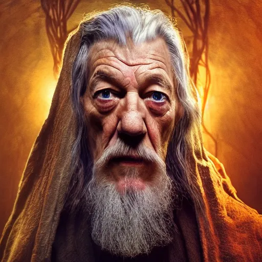 Image similar to the evil ian mckellen as gandalf in a dark viking hood playing odin all father crafting the plant of life with vines, the ethereal colourful universe in the background, highly detailed, cinematic shot, cinematic lighting, 8 k, exquisit facial detail, magical realism painting, chiaroscuro, dark painting.