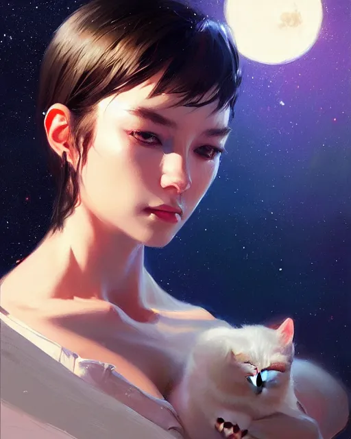 Image similar to a potrait of a space fanstasy cat, fine details. night setting. realistic shaded lighting poster by ilya kuvshinov katsuhiro, artgerm, jeremy lipkin and michael garmash, unreal engine, radiant light, detailed and intricate environment, digital art, trending on art station