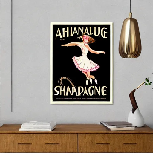 Image similar to art nouveau champagne poster with a happy girl dancing cancan