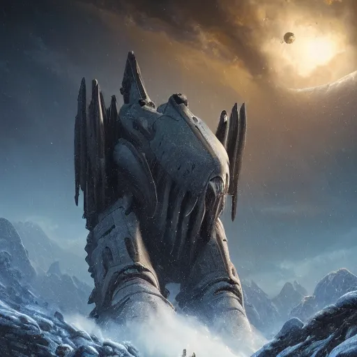 Prompt: an giant creature with long tongue attacking an starship in blizzardy mountains, Matte painting , detailed painting, greg rutkowski