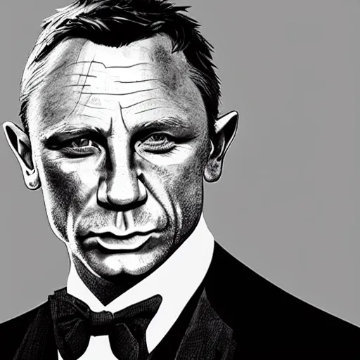 Prompt: a highly detailed portrait of daniel craig, aged 6 5, in a tuxedo, in the style of cedric peyravernay