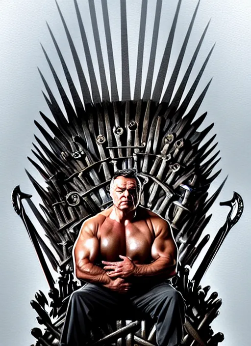 Prompt: portrait of viktor orban with synthol muscles sitting on the iron throne, d & d, muscular! fantasy, intricate, elegant, highly detailed, digital painting, artstation, concept art, smooth, sharp focus, illustration, art by artgerm and greg rutkowski and alphonse mucha